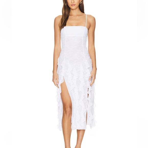 NBD Anila Midi Dress White Ruffle lace slip Revolve NWT Sz M - Picture 1 of 11